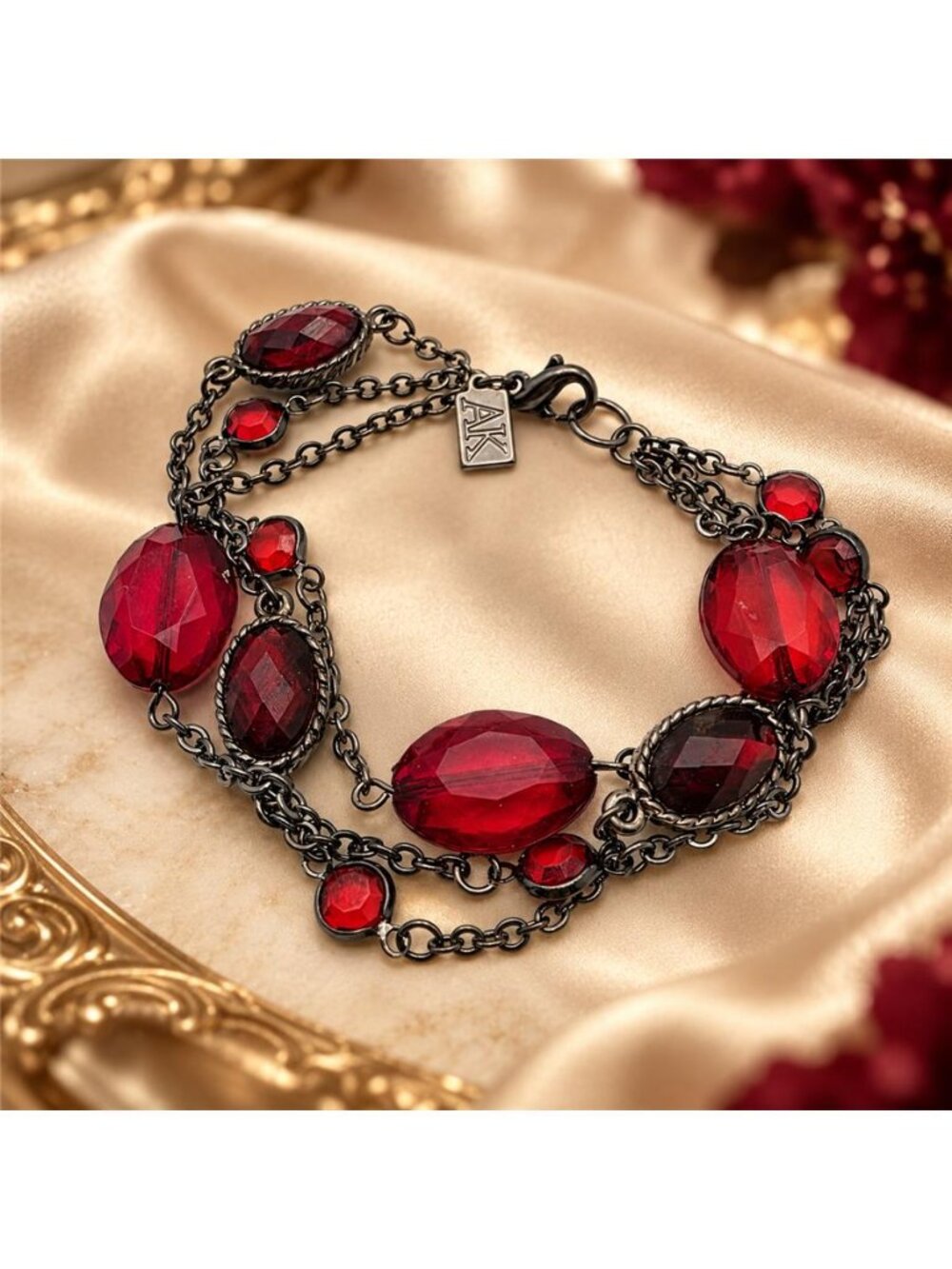 Red Faceted Glass Double Strand Bracelet Gunmetal Tone Anne Klein AK 7 in